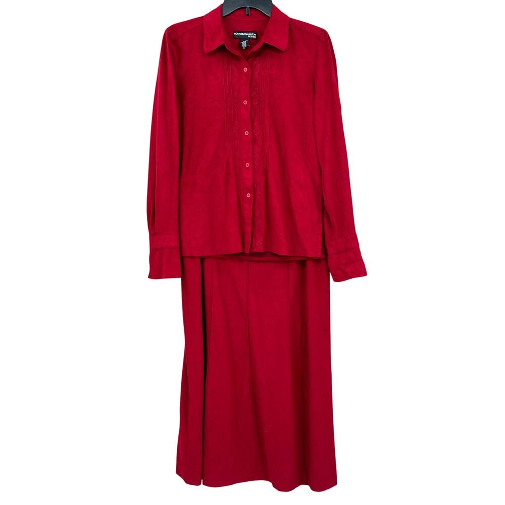 Norton McNaughton Suit Set Womens Top Small Petite Skirt 6P Red Faux Suede Work